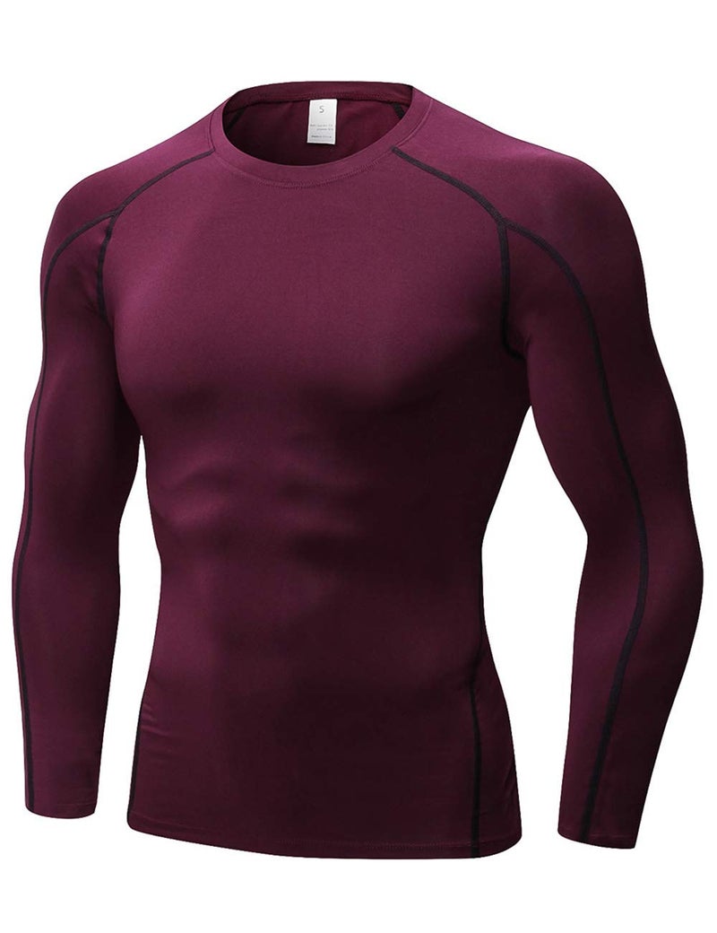 TopTie Men's Long Sleeve Fitted Compression Shirt, Cool Dry Base Layer for Men-Maroon-M - Image 1
